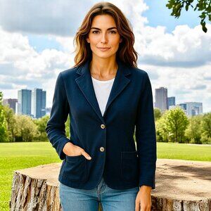 LL Bean Blazer Navy Blue Cotton Jacket Notched Collar Pockets XS